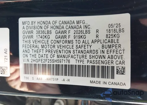 2025 Honda Civic Lx from USA, damaged, VIN 2HGFE2F25SH597176